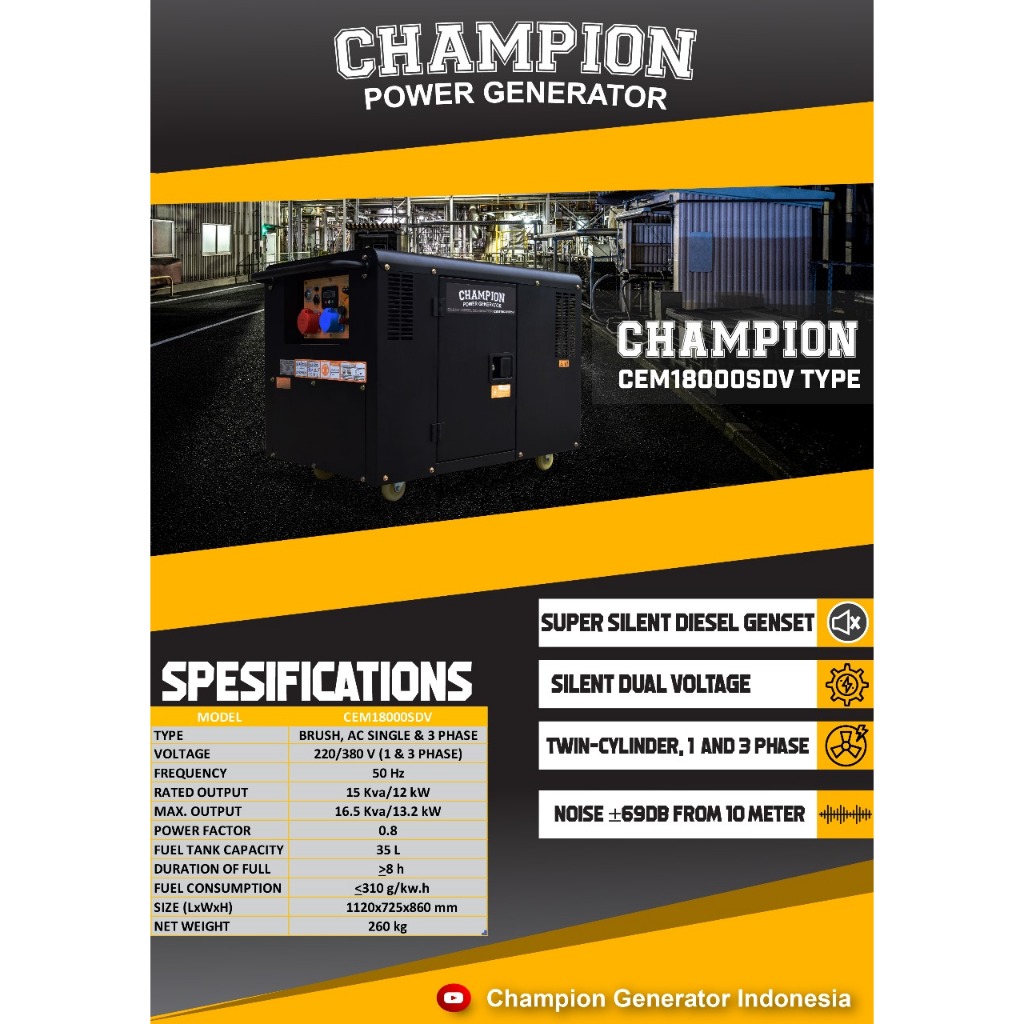 Super Silent Diesel Genset CHAMPION USA Dual Voltage Power Generator 15 kva - 16.5 kva 3 phase CEM18