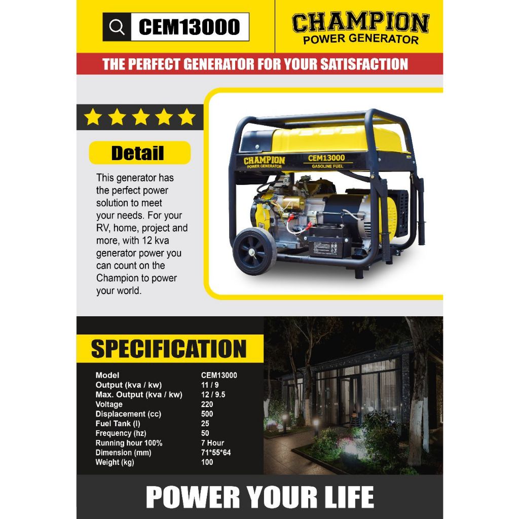 Genset 10 kw CHAMPION USA Gasoline Power Generator 10 kva CEM13000