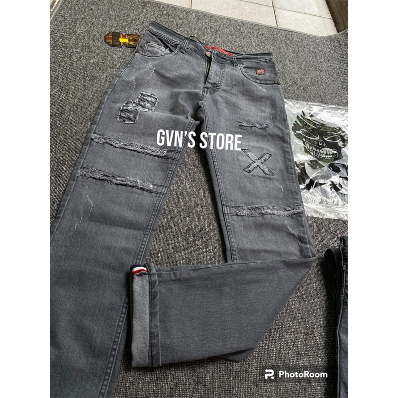 Terlaris celana jeans panjang abu abu x hitam GV 06/GV 07 sobek di lutut/celana panjang pria sobek t