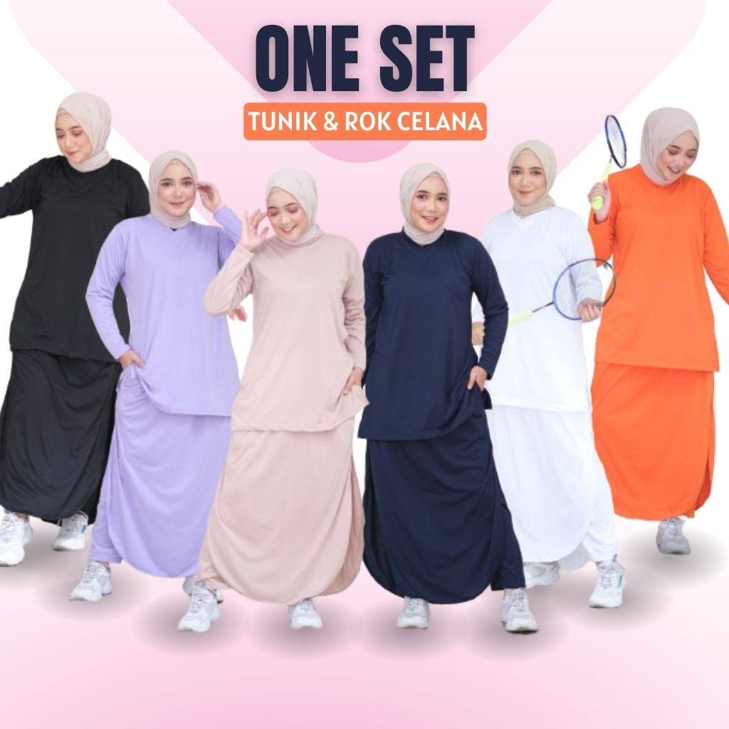 Setelan Olahraga Muslimah Polos Jumbo Baju Wanita Muslim Syari Rok Celana Training Pakaian Rocella
