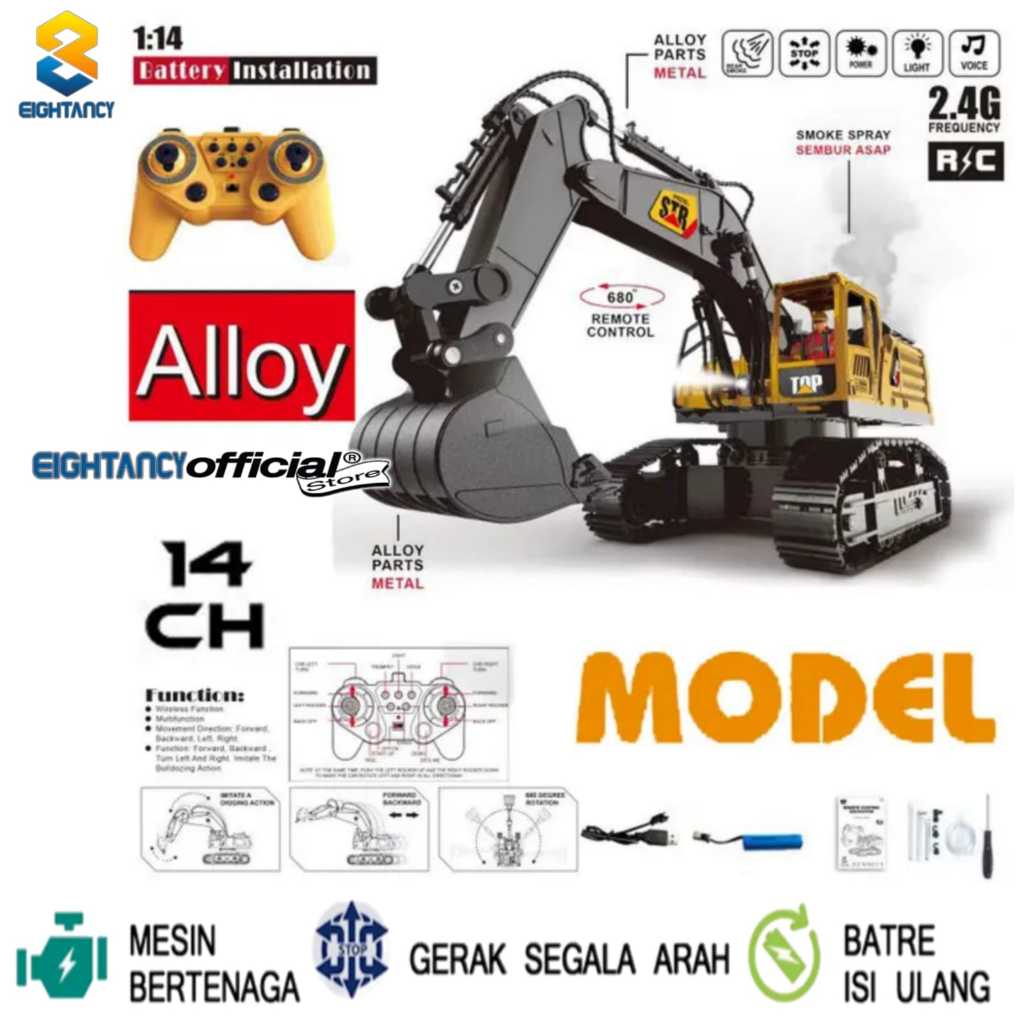 8T Rc Truck Excavator 14Chanel Excavator Rc Metal Alloy 2.4ghz Sound Led Efek Asap Excavator Remote