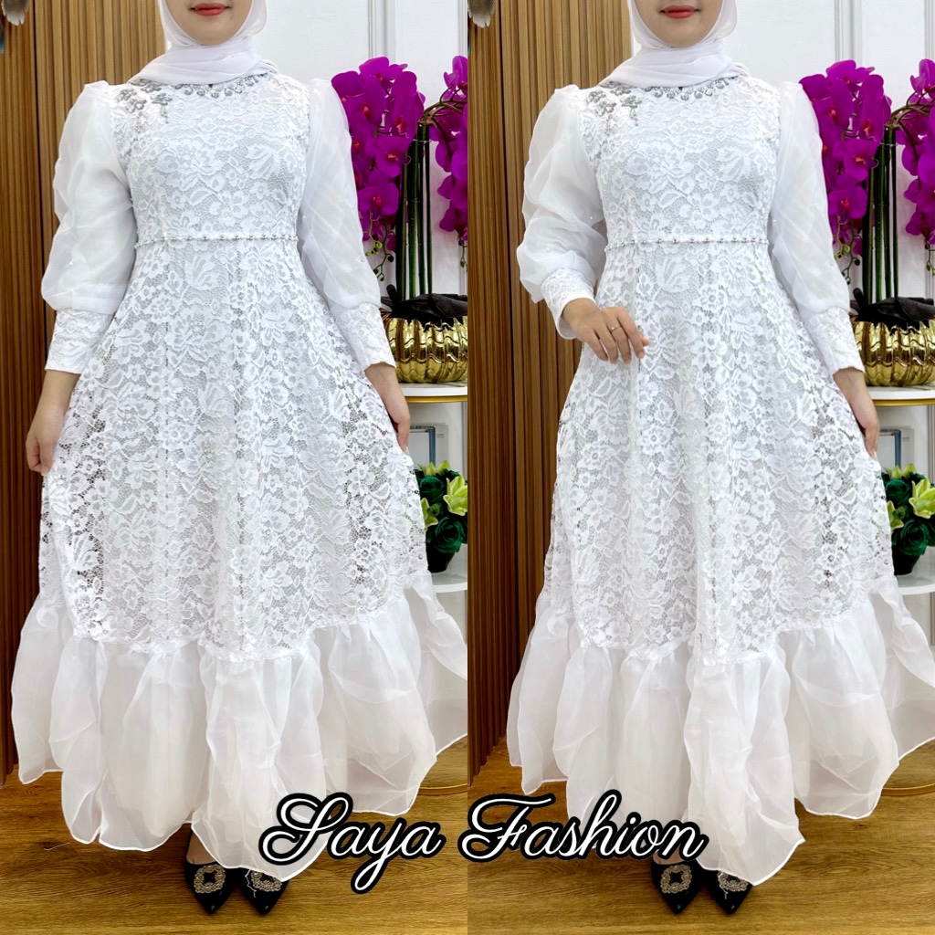 Gamis Brukat Organza Putih Mutiara Mewah  7950