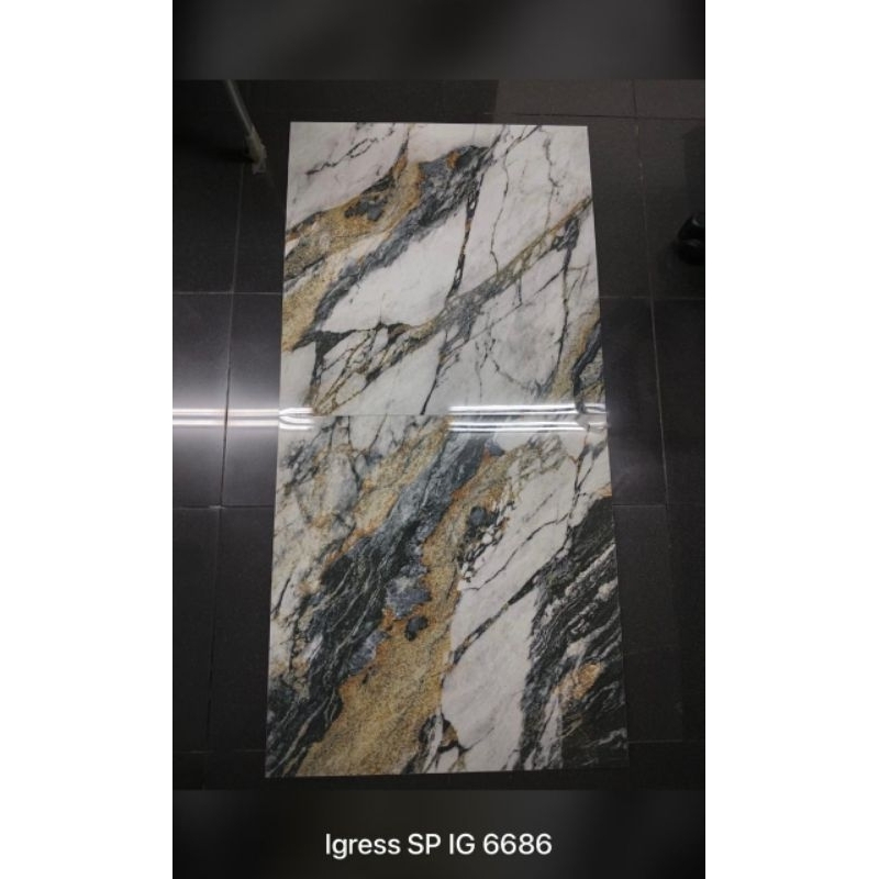 granit 60x60 glosy igress sp Ig 6686 hitam corak emas