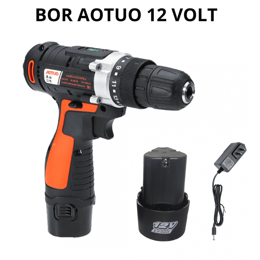 Mesin Bor Portable AOTUO 12V 2 Baterai