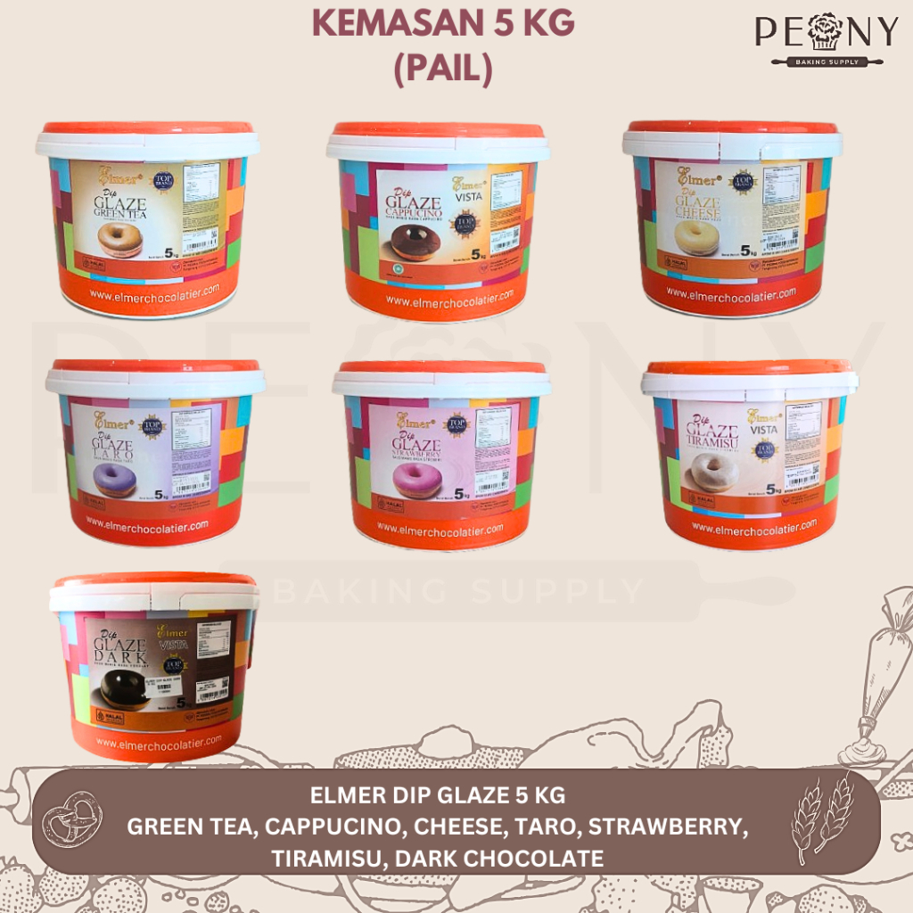 

(5 KG) ELMER GLAZE GREEN TEA, CAPPUCINO, CHEESE, TARO, STRAWBERRY, TIRAMISU, DARK CHOCOLATE / GLAZE DONAT