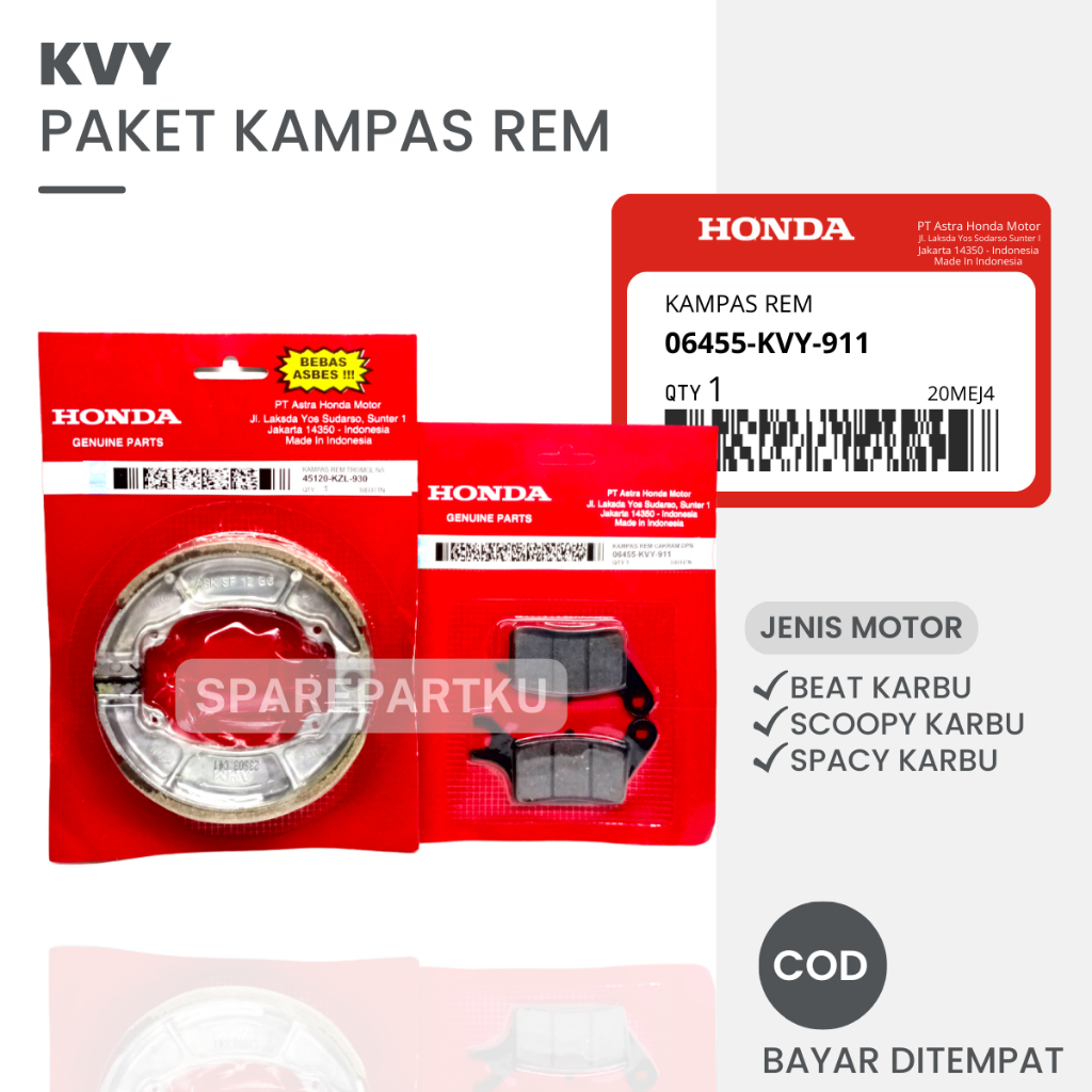 KVY PAKET KAMPAS REM DEPAN BELAKANG BEAT KARBU / SCCOPY KARBU / SPACY KARBU / KAMPAS REM TROMOL BELA