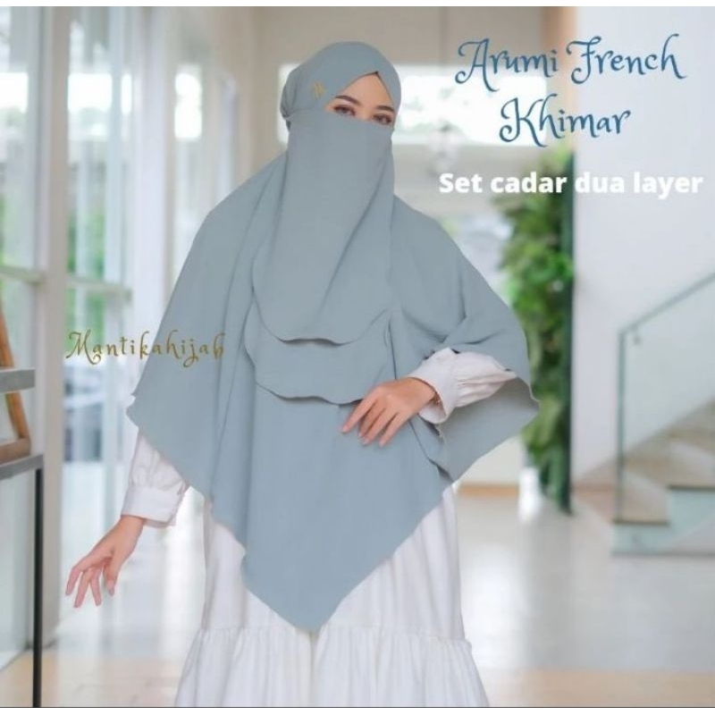 French Khimar Arumi free Cadar tali 2 Layer by Mantika Hijab (preloved) sampel display live