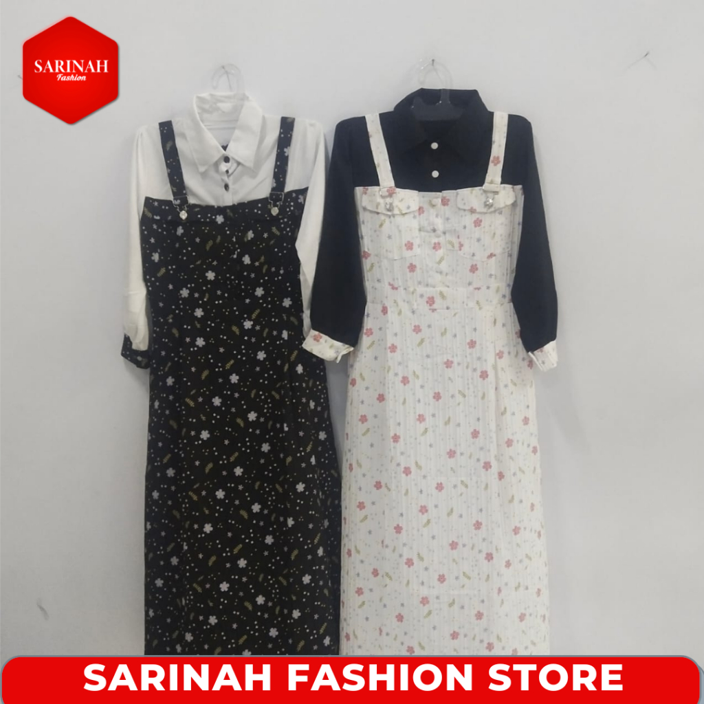 Dress Gamis Jumsuit Wanita Muslimah Kancing Depan Motif Bunga Dan Kotak