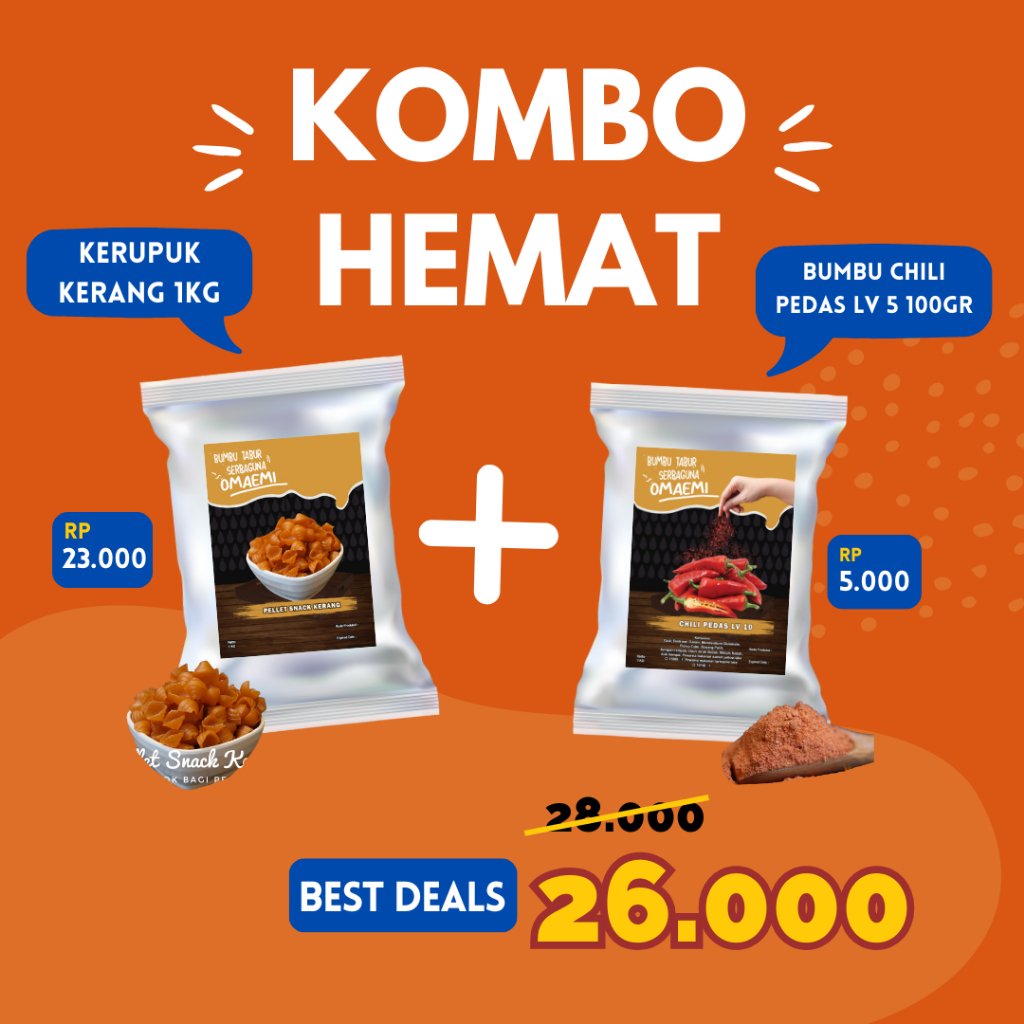 

PAKET KOMBO KETAGIHAN Kerupuk Kerang1kg + Bumbu Tabur Rasa Chili Pedas level 10 100 gram