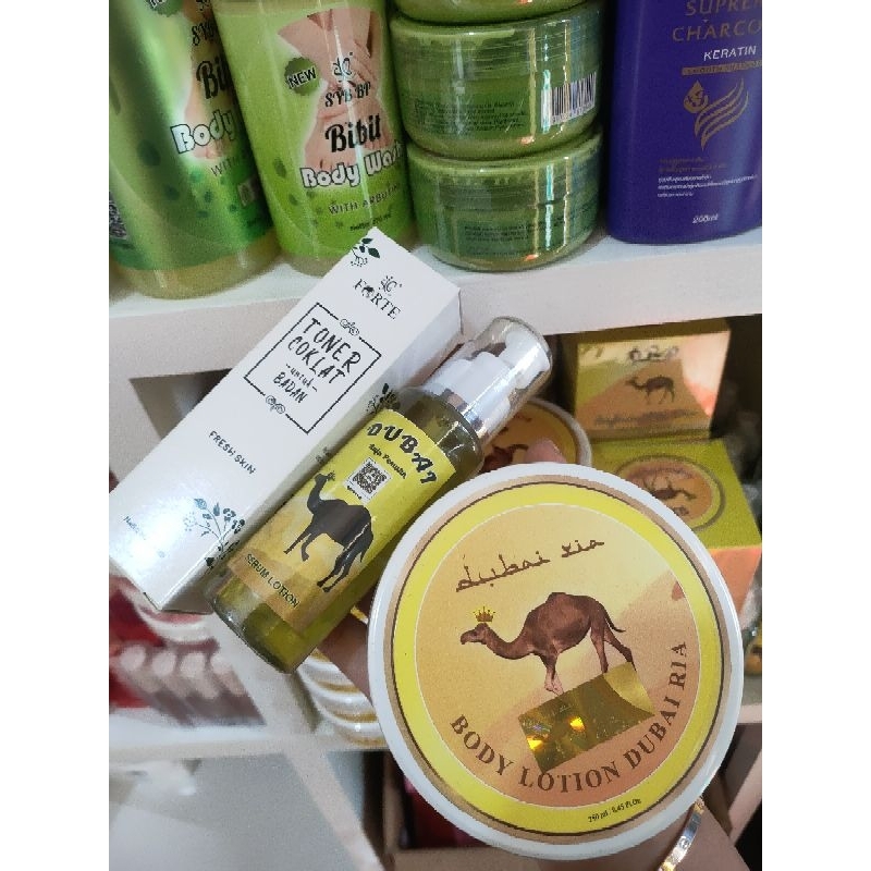 paket hemat body lotion Dubai + serum Dubai + toner badan free kapas