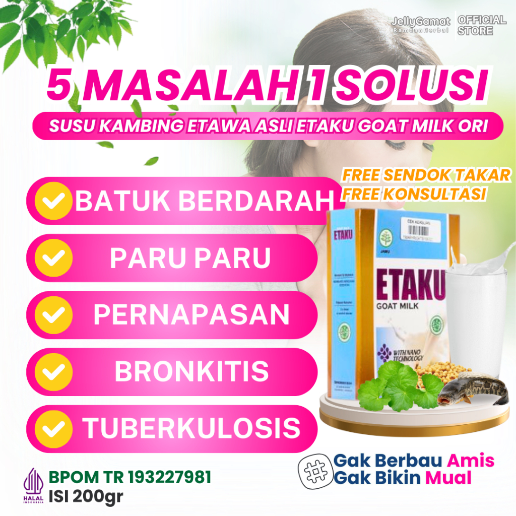 

Obat Batuk Berdahak Disertai Darah Campur Darah Bronkitis Tuberkulosis TBC Hemoptisis Penyakit Paru paru Susu Kambing Etawa Etaku Goat Milk 200gr Halal Bpom