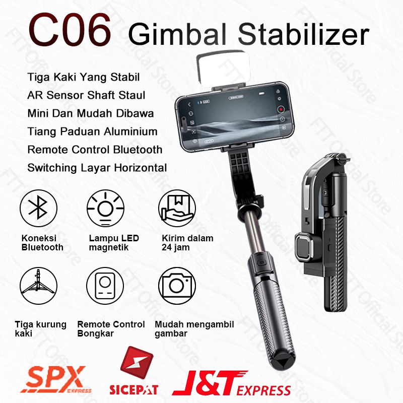 FTT C06 Gimbal HP Tripod  Gimbal Stabilizer Handphone Selfie Stick and Tripod Fill Light  Bluetooth Remote-JX-C06