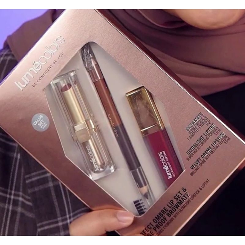LUMECOLORS PAKET Perfect OMBRE Lip Set  LIP Velvet Creme Lip Tint dan Browmate