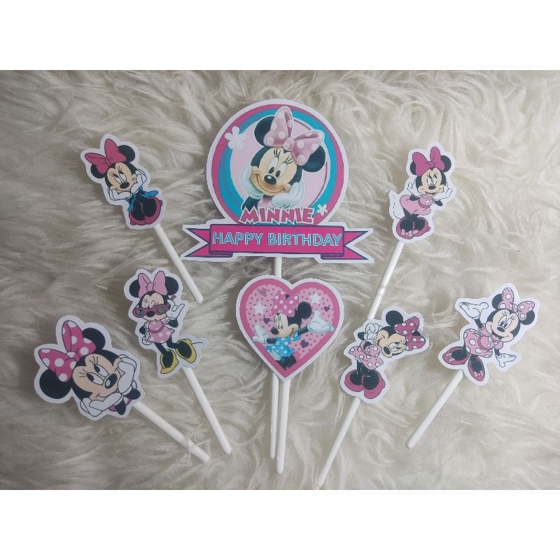 Topper Cake Ultah/Minnie mouse/8pcs/Fullstick/Free Custom Nama & Tulisan