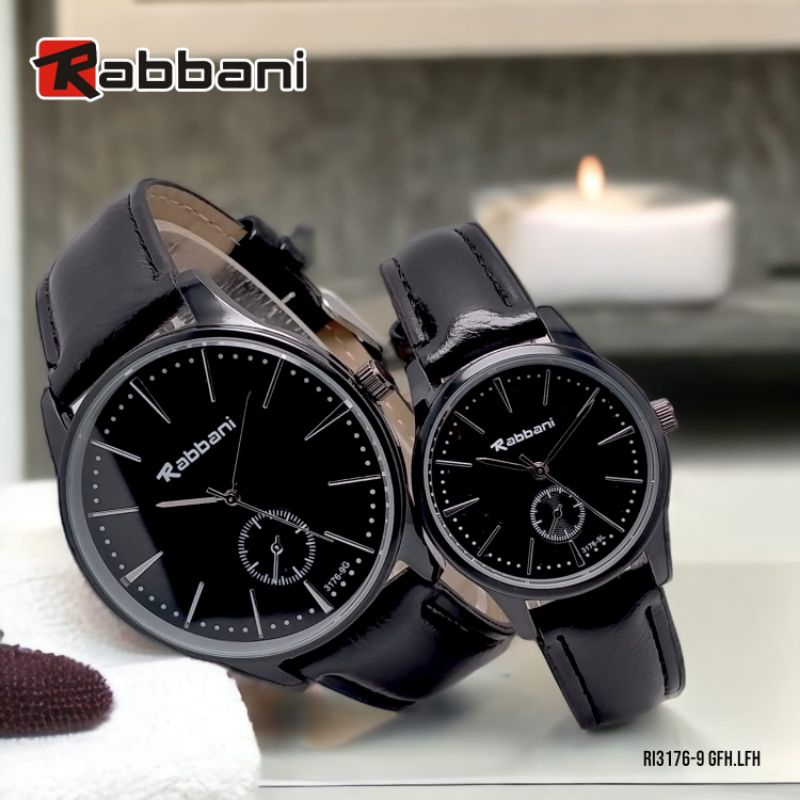 Rabbani 3176-9, Jam tangan couple, tali kulit, casing hitam, water resistant.