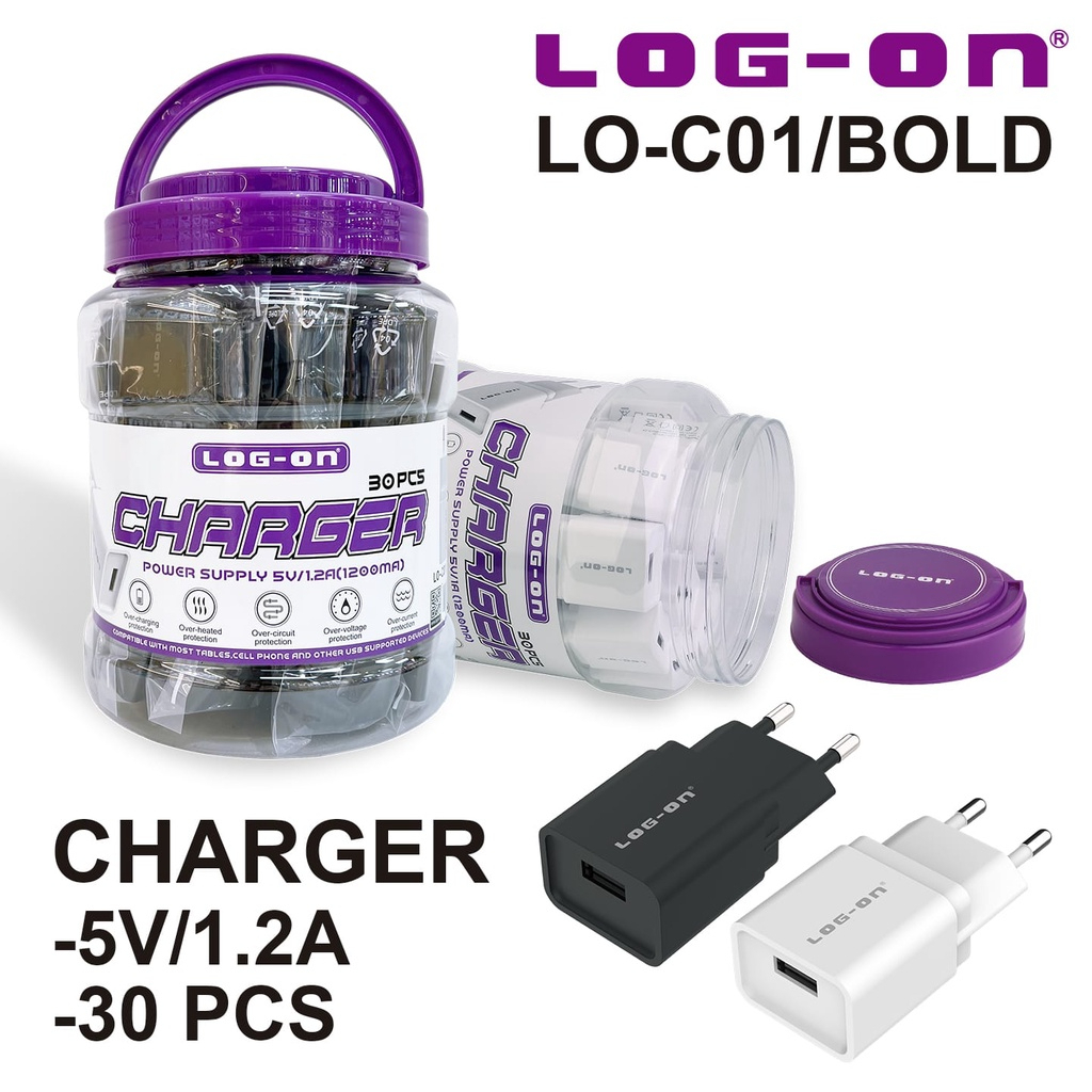 ADAPTOR LOG-ON CHARGER 1USB 1.2A BOLD BATOK CHARGER.