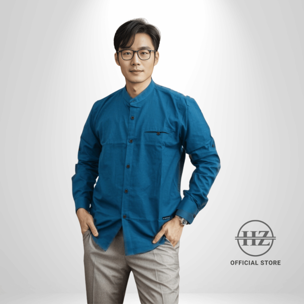 KEMEJA KOKO KEMKO PRIA LENGAN PANJANG PENDEK - KATUN - INDIGO TOSKA - HANZAIN OFFICIAL