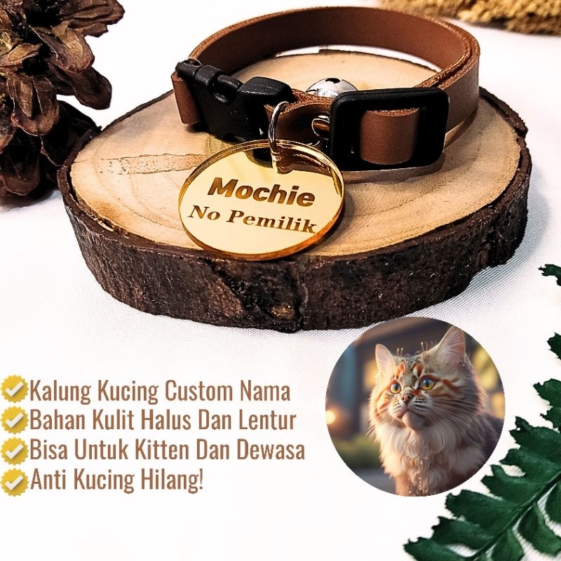 Kalung Kucing Custom Nama Bahan Liontin Akrilik Gold Premium Free Lonceng Nyaring 14mm