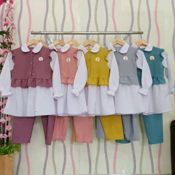 Baju Anak Perempuan One Set Setelan Muslim 3-12 Tahun Import Korean Style Terbaru 2023 One Set Daisy