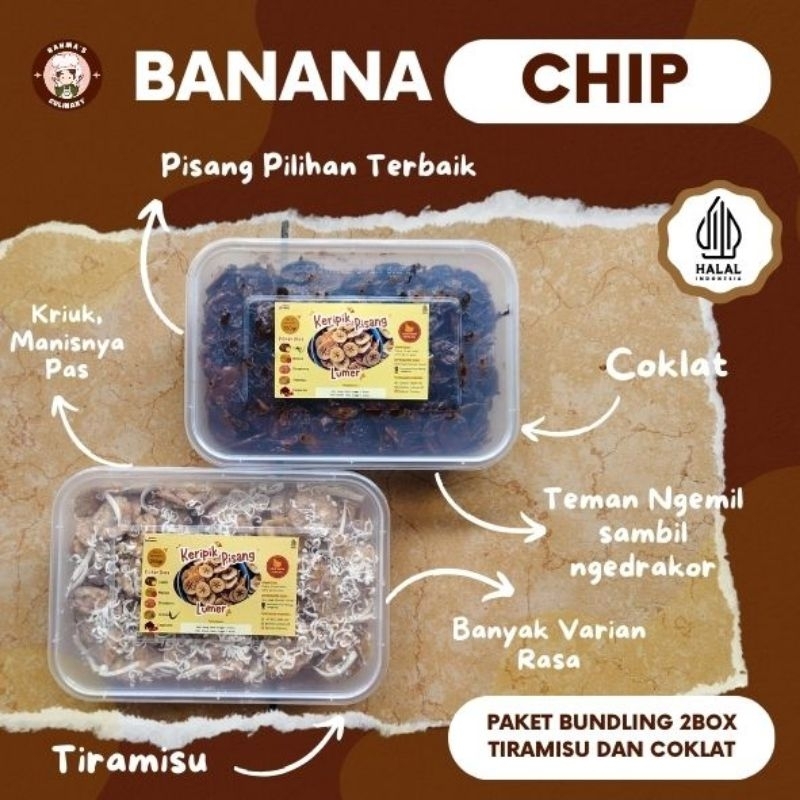 

PAKET HEMAT BUNDLING / Keripik Pisang Lumer 2 Box Mix. Variant Rasa Coklat Mix. Tiramisu/500g