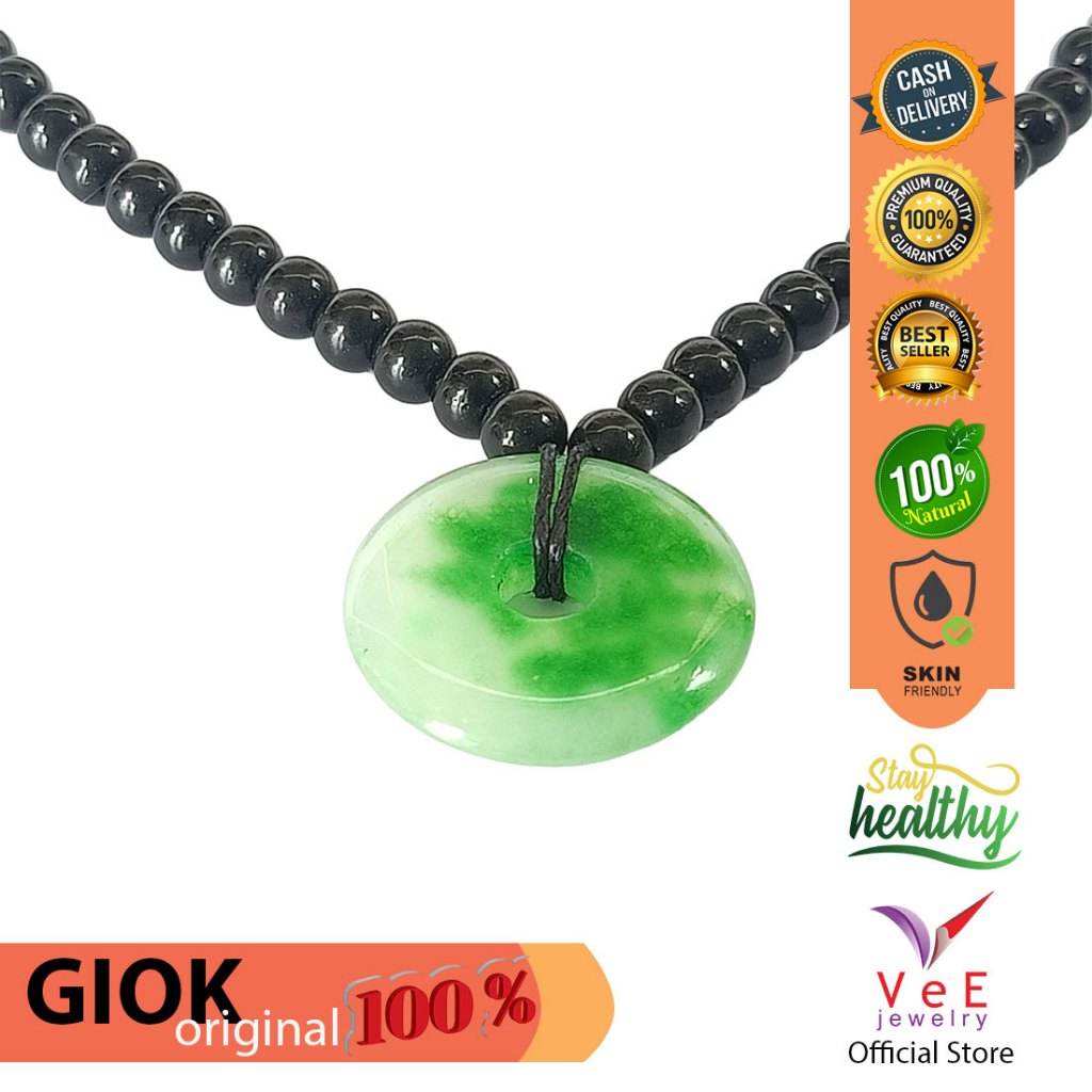 Kalung Batu Giok Hitam Liontin Giok Hijau Susu Donat Asli Cina - Vee