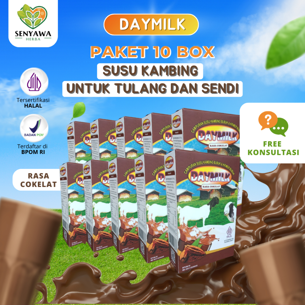 

PAKET 10 BOX SUSU DAYMILK RASA COKELAT - Susu Kambing Etawa Bubuk Premium - Memelihara Kesehatan Tulang, Sendi, Meminimalisir Gejala Asam Lambung, Maag, Diare, Melegakkan Pernapasan Sesak dan Tidak Bau Prengus - 200gr Halal BPOM