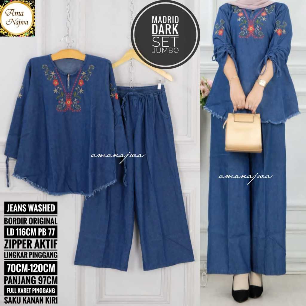 madrid setelan 1 one set oneset stelan setcel atasan jeans washed wash jumbo bigsize over big size l