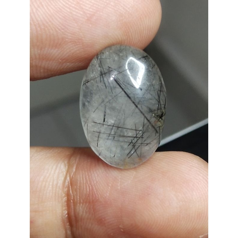 Natural Black Rutilated Quartz 20x14x5 mm 13.75 Ct Kecubung Cendana Rambut Hitam Oval Cabochon NTD A