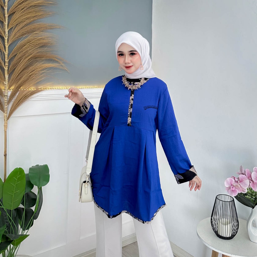 Baju cewek masa kini Tunik casual kombinasi batik bahan polo linen