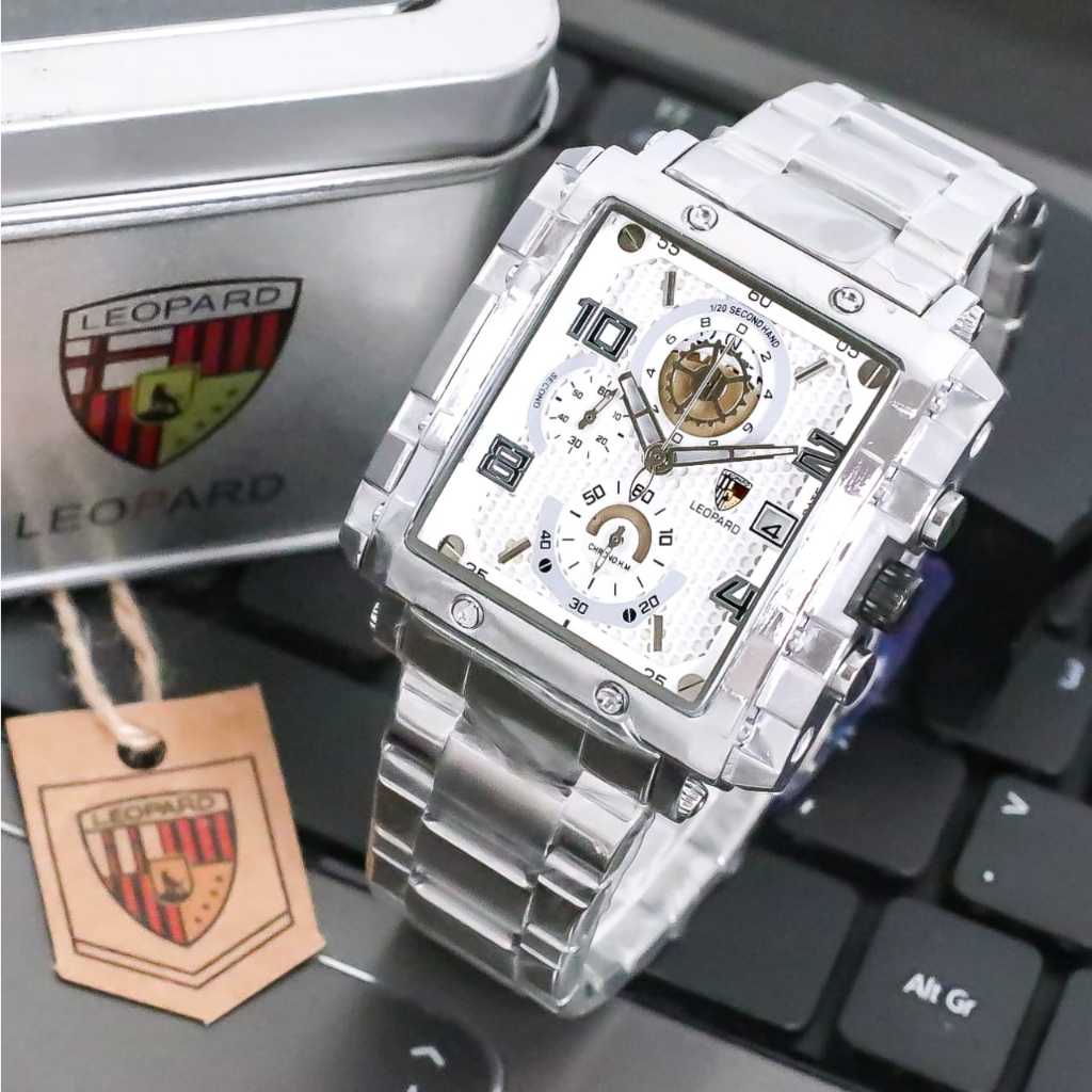 COD Jam Tangan Pria Leopard-8826 Original Tali Rantai Body Segi Chrono&Tanggal Aktif Box Exclusive