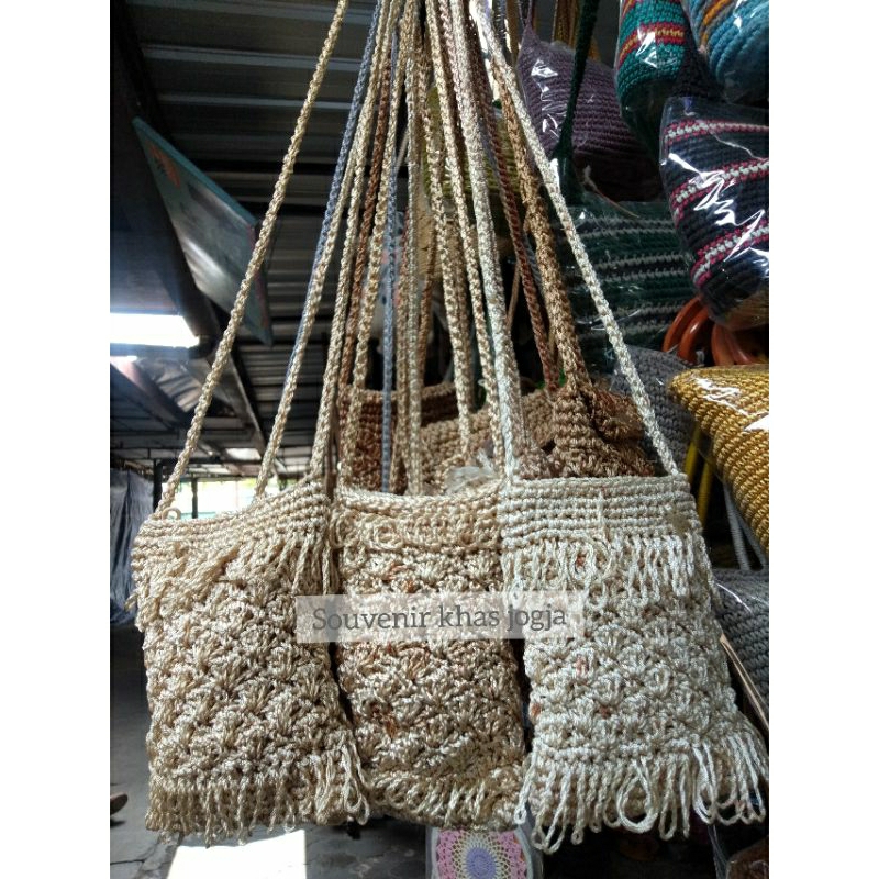 Tas rajut hp benang nylon resleting-tas rajut tanpa furing