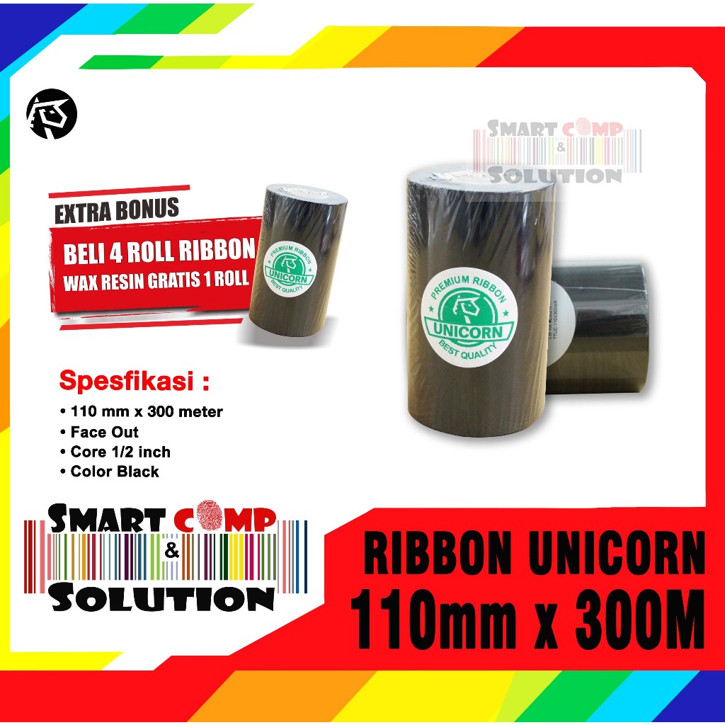 

Ribbon Stiker Label Barcode Unicorn 110x300M / 110x300 Meter Wax Resin