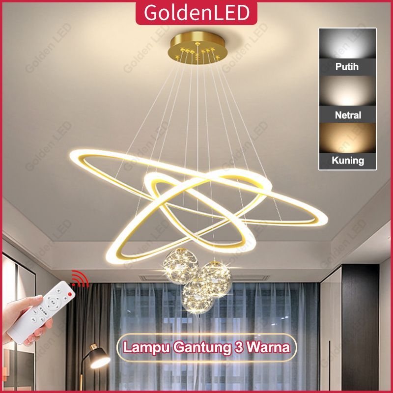 Golden LED Lampu Gantung Ring Modern Minimalis GOLD 3 Ring LED 3 Warna Pendant Light Void Lampu Akrilik Gantung lampu Hias