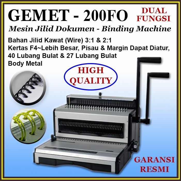 

Mesin Jilid Kawat Dual Fungsi 3:1 & 2:1, F4,Lubang Bulat, GEMET 200FO