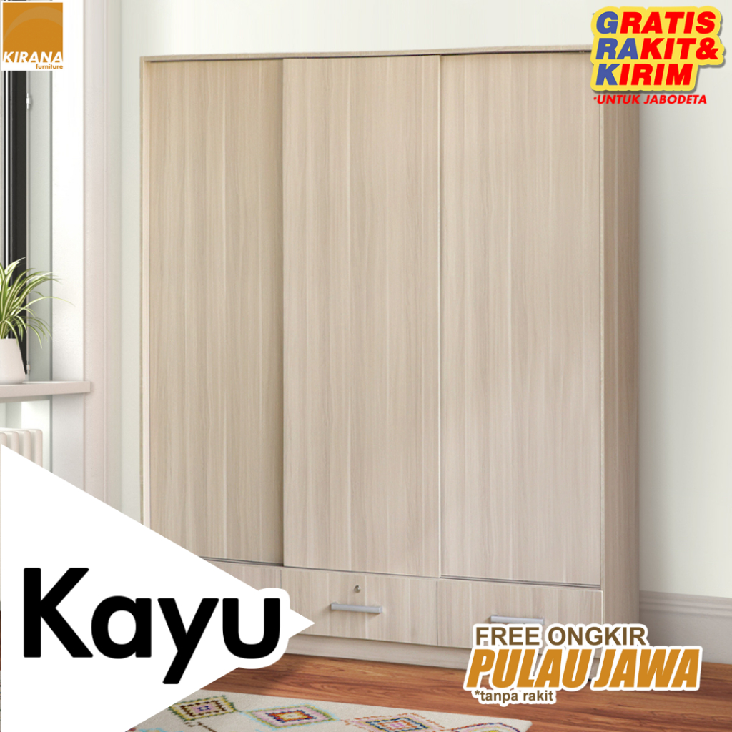 KIRANA Bergen - Lemari Pakaian Kayu 3 Pintu Sliding Besar Modern Minimalis