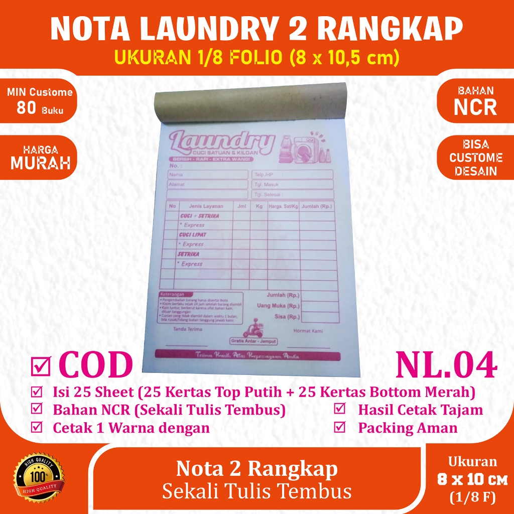 

Nota Laundry, Bon Laundry NCR 2 play 1/8 folio isi 25 set Motif 2 Cetak Pink