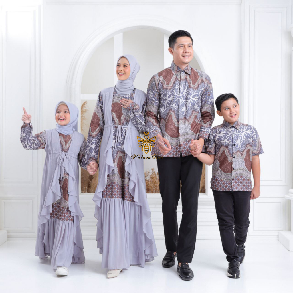KalamBee.co - SET BATIK LEBARAN COUPLE KELUARGA WARNA LIGHT BLUE - GAMIS WANITA DAN KEMEJA PRIA DAN 