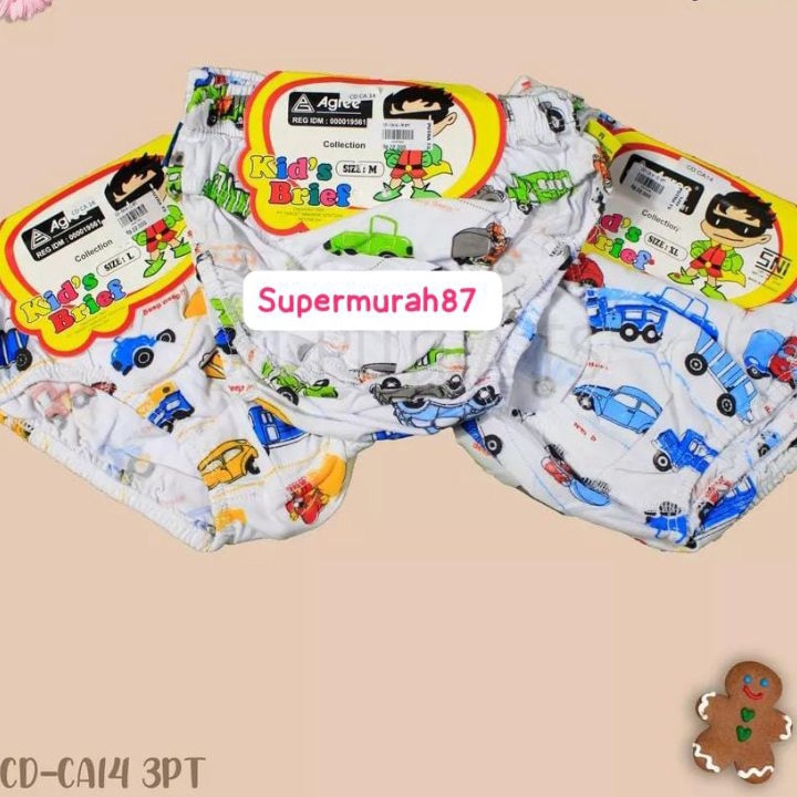 Stok terbaru  3PCS Celana Dalam anak cowok agree putih  CD Agree Kids Motif MOBIL