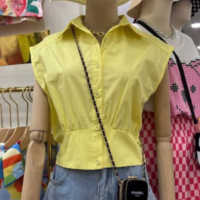 (4 warna) kemeja katun pendek crop top blouse halus cotton shirt slim waist bodycon hem wanita impor