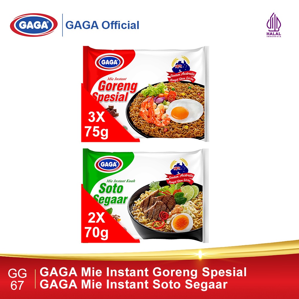 

GAGA Mie Goreng Spesial 75g 3pcs, GAGA Mie Soto Segaar 70g 2pcs (GG67)