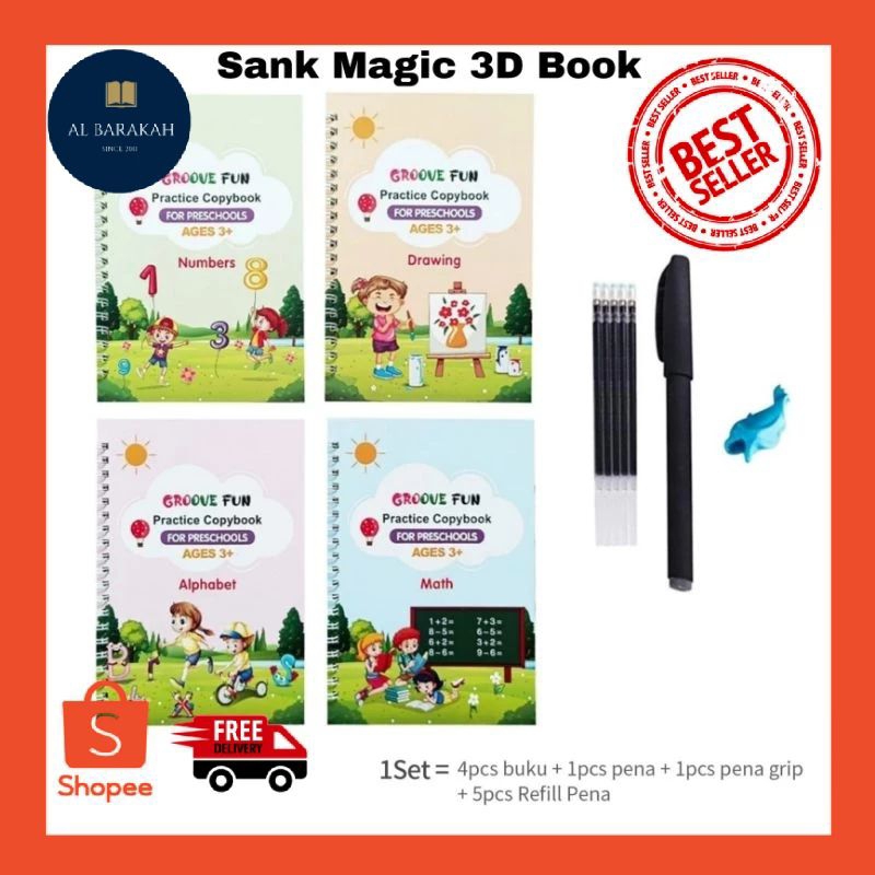 

Sank Magic 3D 1 SET = 4 BUKU + 1 Pcs pena + 1 Pcs Pena grip + 5 Refill Buku Edukasi Anak Belajar Menulis Untuk TK Angka & Huruf / buku magic