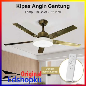 Ceiling Fan Kipas Angin Gantung Plafon Rumah Lampu LED Tri 3 Color 52 Inch Remot
