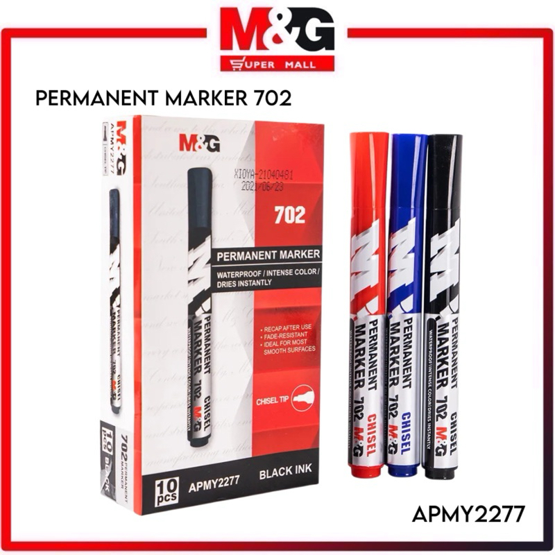 

M&G Spidol Permanent 702 / Permanent Marker M&G 702 - 3 Colors, Waterproof Ink, Intense Color, Dual-Use Chisel Tip, Ideal for Most Surfaces