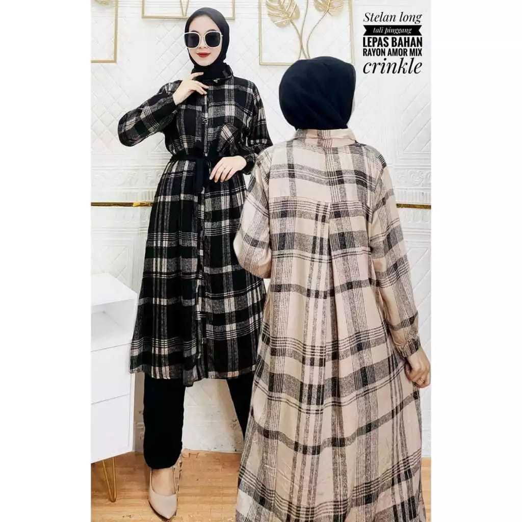 VIRAL LONG TUNIK SET MOTIF KOTAK ONE SET CRINGKEL AIRFLOW