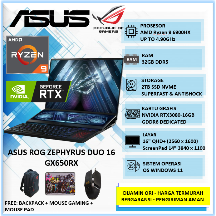 Laptop Gaming Asus ROG Zephyrus Duo 16 GX650RX Ryzen 9 6900HX 32GB 2TB SSD RTX3080Ti-16GB 16" WQXGA 