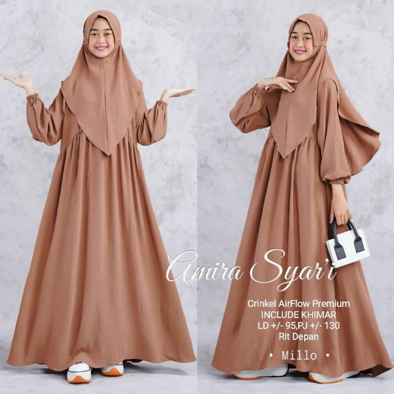 Gamis Anak Tanggung Usia 10 11 12 13 14 15 Tahun Amira Syari Set Khimar Bahan Crinkle Airflow Premiu