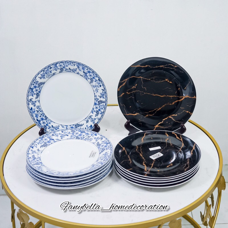 Piring putih biru Marble Hitam 1/2 lusin  Lebaran