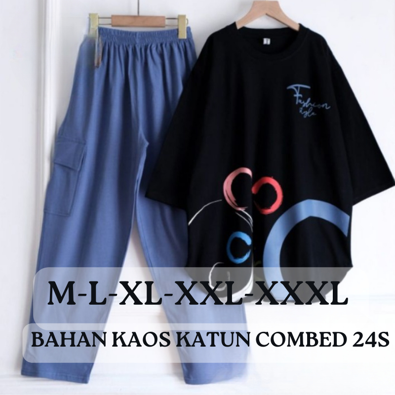 One Set Cargo Wanita Adisti Set BO Size M L XL XXL XXXL LD 100-130 CM Bahan Kaos Katun Combed 24s Ap