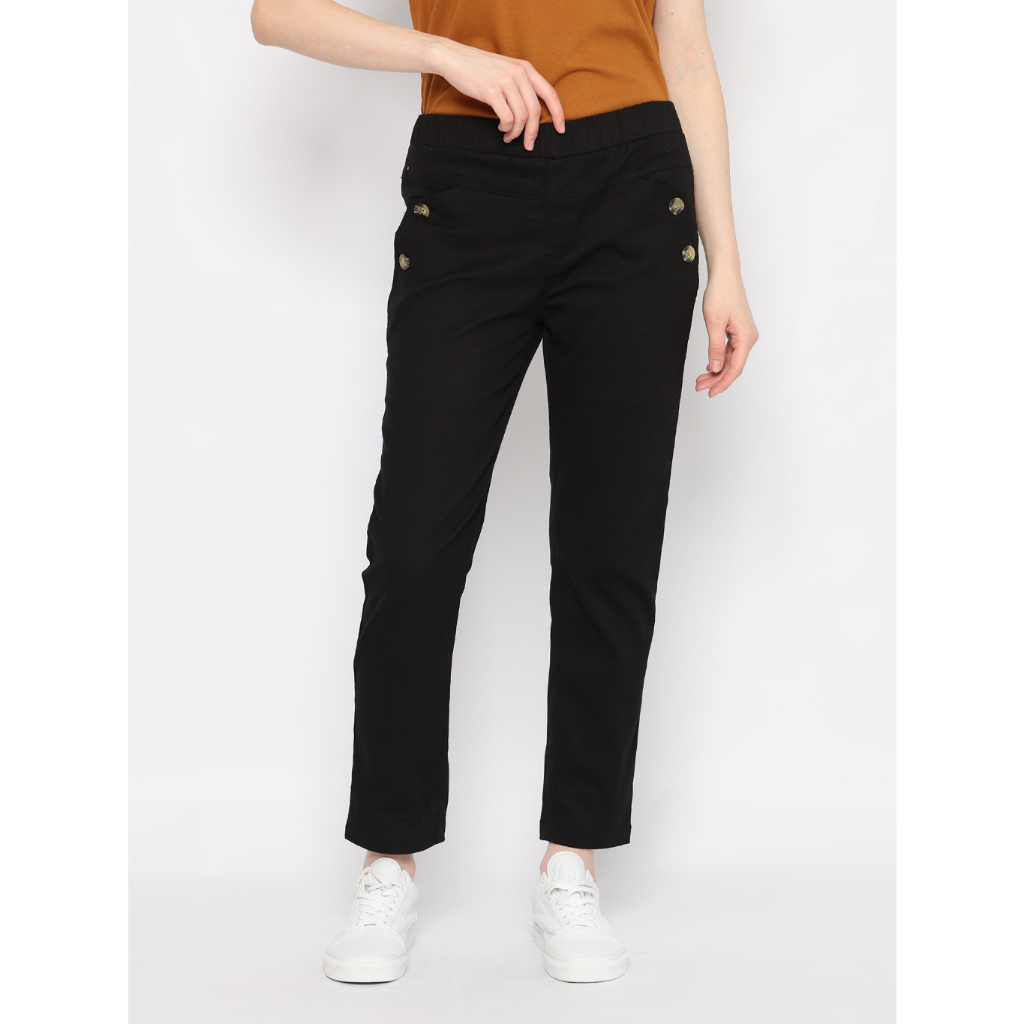 ROMP Celana Chino Wanita Pinggang Karet  - Hitam
