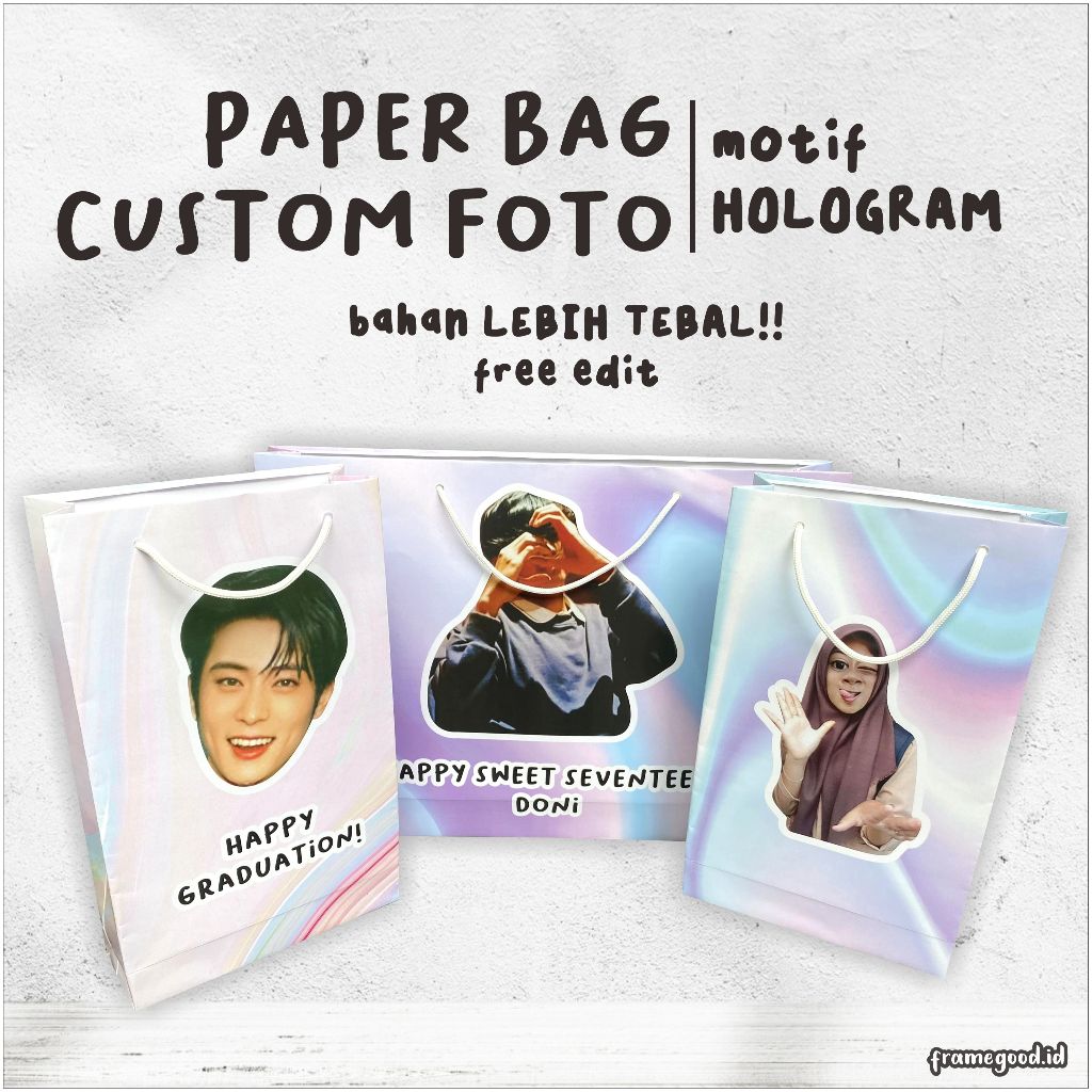 

PAPERBAG CUSTOM FOTO motif HOLOGRAM/ kertas tebal holographic gradiasi abstrak / totebag tote bag paper bag muka wajah teman free edit kpop cetak desain tas kado besar kecil ultah